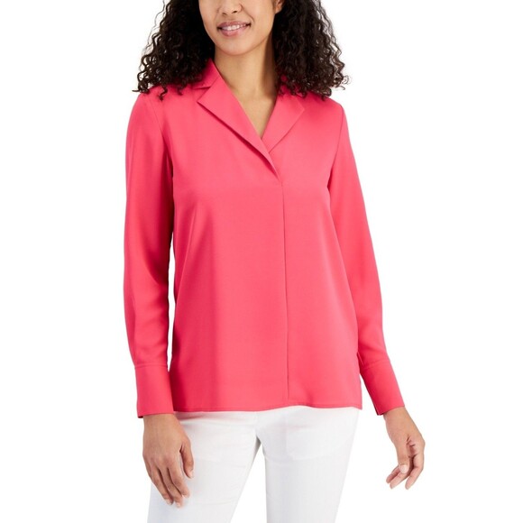 Anne Klein Women's Long-Sleeve Lapel Blouse, Rich Camellia, S - Picture 1 of 3